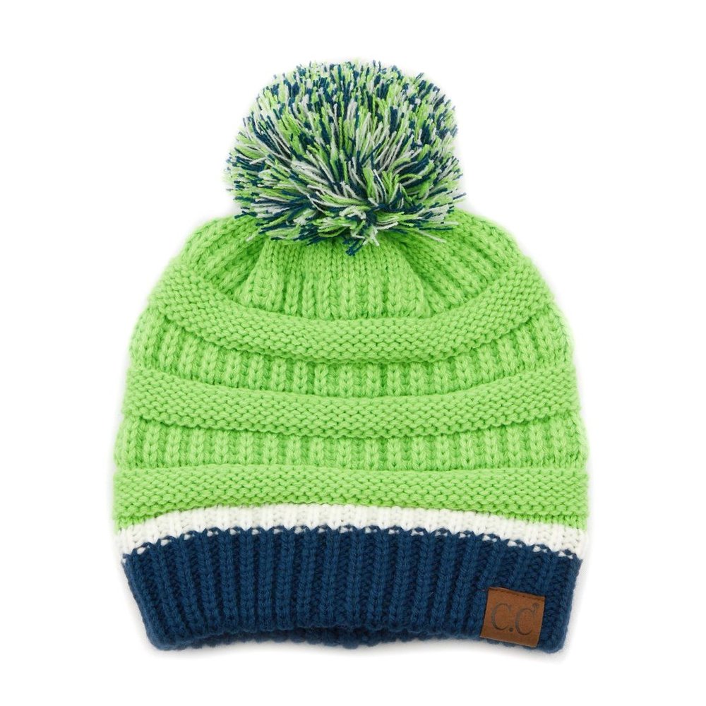 C.C Beanie College Color With Pom-GREEN/NAVY